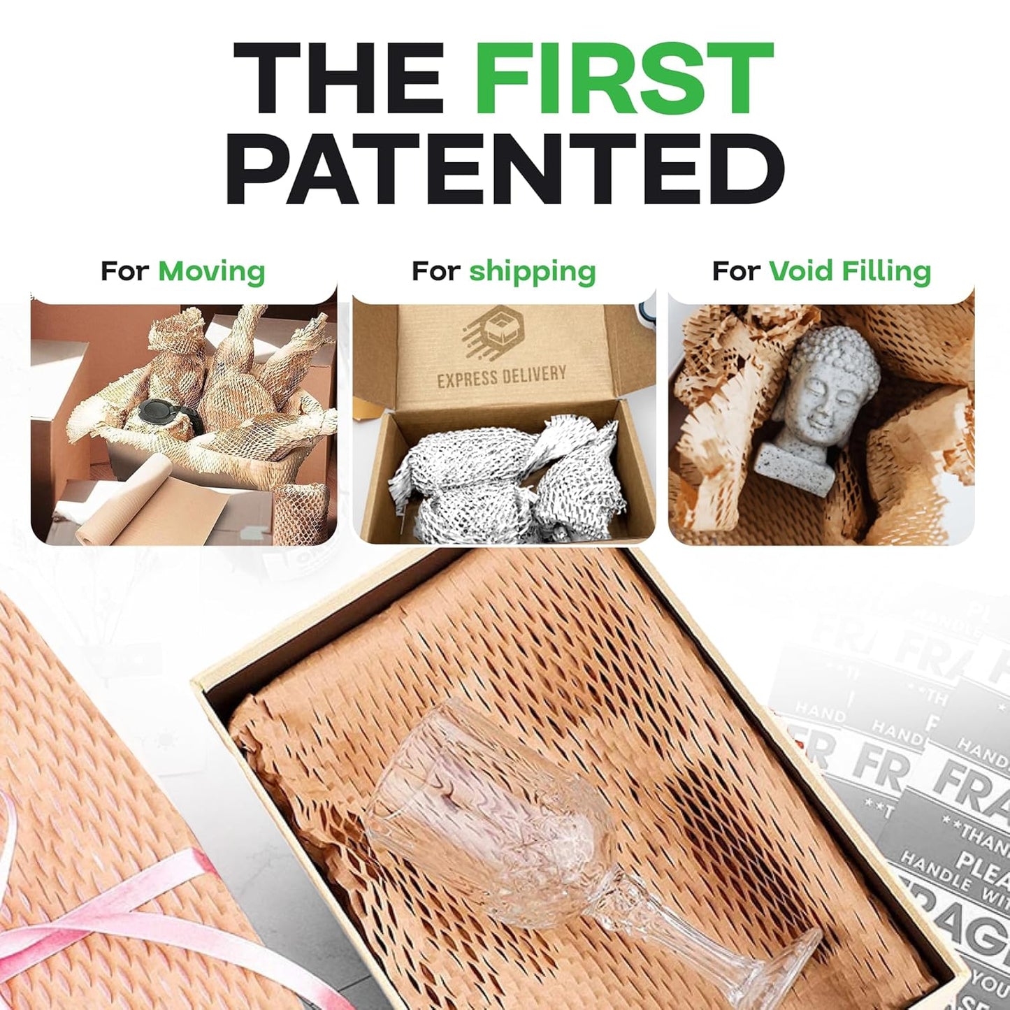 IDL Packaging Original HexcelWrap Honeycomb Packing Kraft Paper 15.25" x 300' Roll in Self-Dispensed Box, White - The First Patented Interlocking Slit Paper Design for Shipping