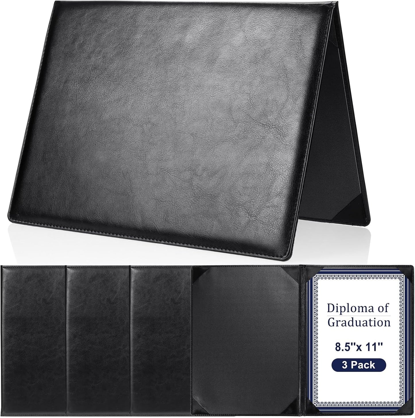 Tenare 3 Pcs Leather Certificate Holder 8.5 x 11 Inch PU Black Red Blue Purple Phd Bachelor Master Diploma Cover Professional Award Folder for Official Graduation Competition Contest Charity (Black)