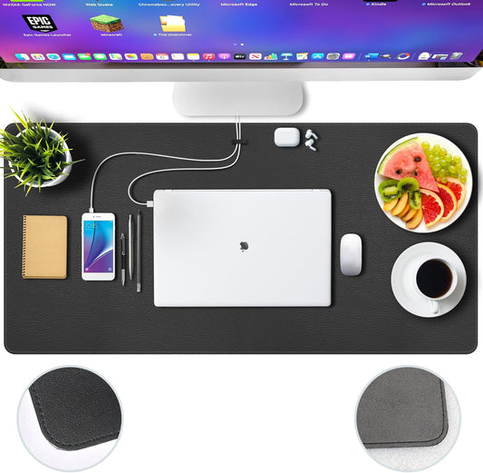 Leather Desk Mat Cable Organizer, Desk Pad Protector, Desk Matt for Desktop, Keyboard Mat, Desk Mat for Keyboard and Mouse, Desk Cover, Computer Mats for Desktop (Pearl Black, 35.0" x 16.9")