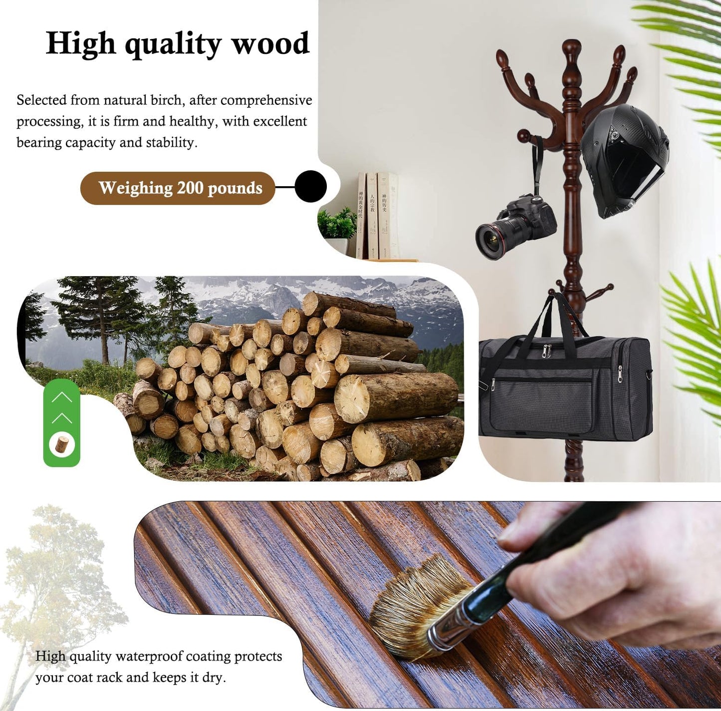 Coat Rack Stand, Solid Wooden Coat Tree with 11 Hooks, Heavy Duty Coat Rack Freestanding with Sturdy Round Base, Natural Birch Wood Coat Hanger Stand for Entryway Bedroom (Circular)