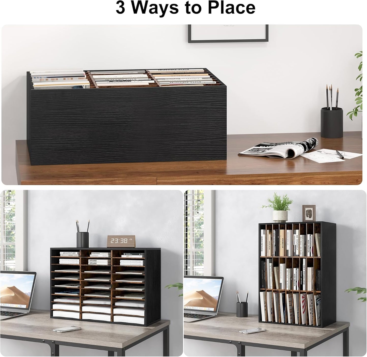 Mail Organizer Countertop, 27 Slots Wooden Desk File Literature Sorter, Adjustable Paper Storage Shelves Document Holder, Space Saving Desktop Mailbox for Office Classroom, Black/Rustic Brown