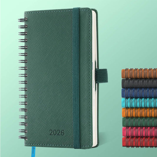 Planner 2026 Daily Weekly and Monthly,6.5"x3.75",12 Months Spiral Bound Calendar Agenda with Self-adhesive Pen Holder,2026 Appointment Book with Vegan Leather Soft Cover,Green