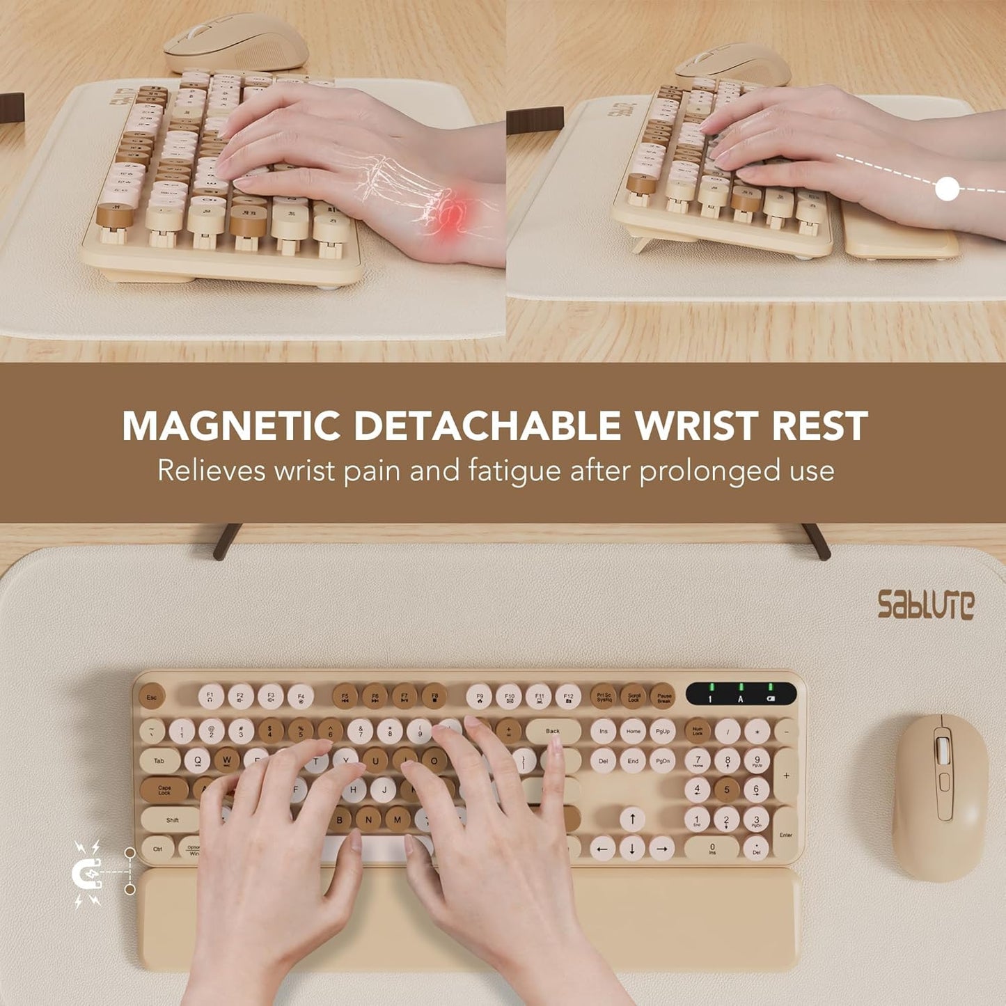 Wireless Keyboard and Mouse Combo, Round Keycaps, Full-Size Retro Typewriter Keyboard with Detachable Wrist Rest, Sleep Mode & Tilt Legs, 2.4GHz Cordless Connection for Mac/Windows/PC (Latte)