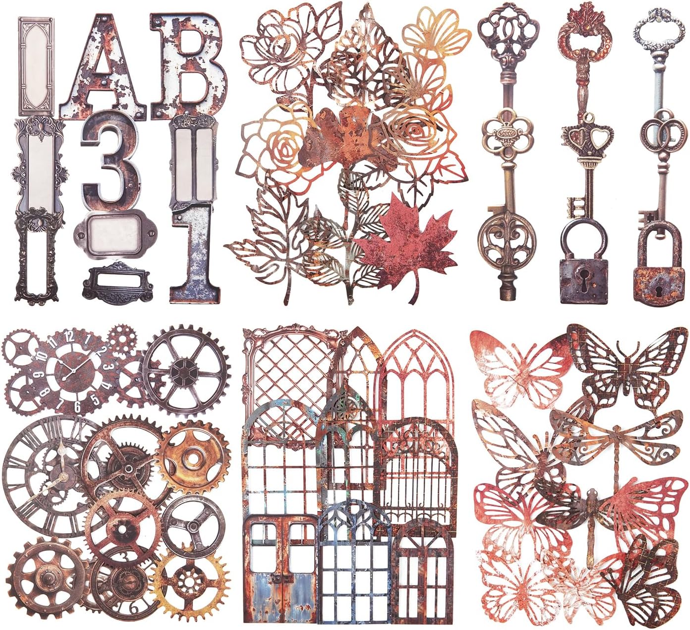 60PCS Industrial Vintage Sticker Set, Coated Paper Stickers with Rusty Gears, Keys, Frames, and Butterflies for Scrapbooking, Journaling, and DIY Crafts