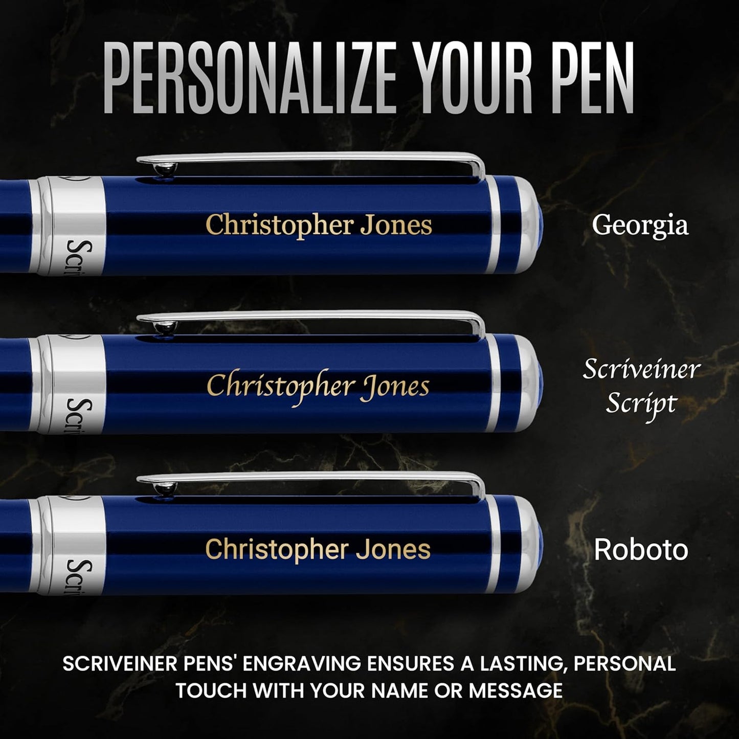 Scriveiner Personalized Midnight Blue Pen - Stunning Blue Lacquer Luxury Pen, Chrome Finish, Schmidt Ink Refill, Best Engraved Ball Point Gift Set for Men & Women, Custom Name Engraving
