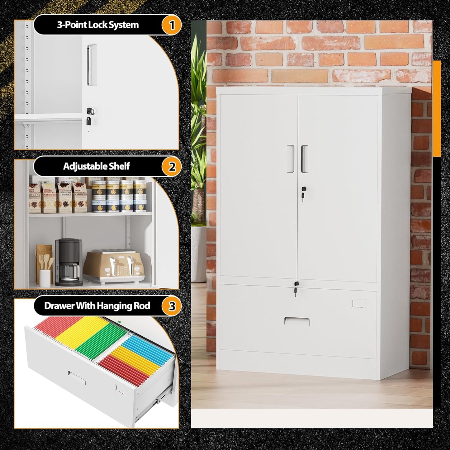 Greenvelly Metal Storage Cabinet,White Steel Lockable Lateral File Cabinet with Doors and Shelves for Home Office Hanging Files Letter/Legal/F4/A4 Size