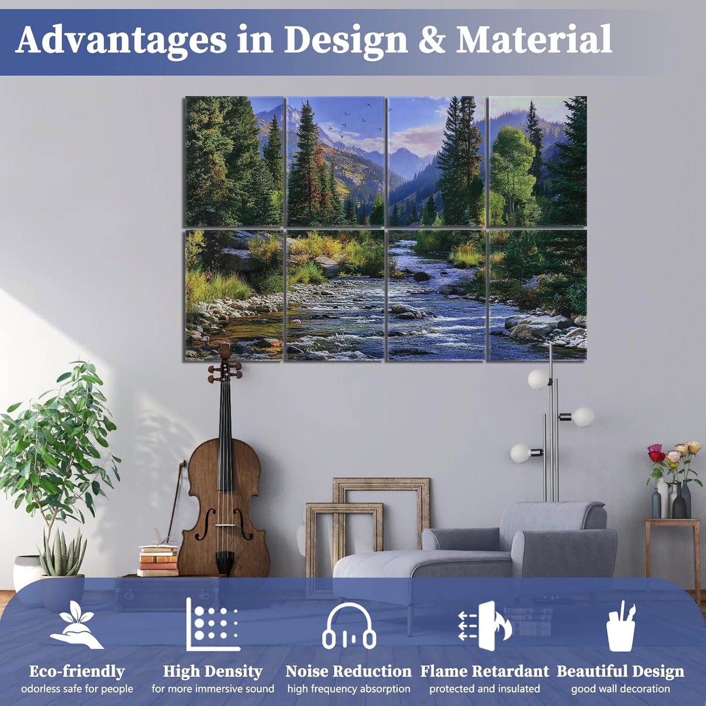 8 Pack Art Acoustic Panels, 48"X32" Self-adhesive Soundproof Wall Panels, Decorative Sound Absorbing Panel, Acoustic Treatment for Studio, Home, Office (Mountain Stream)