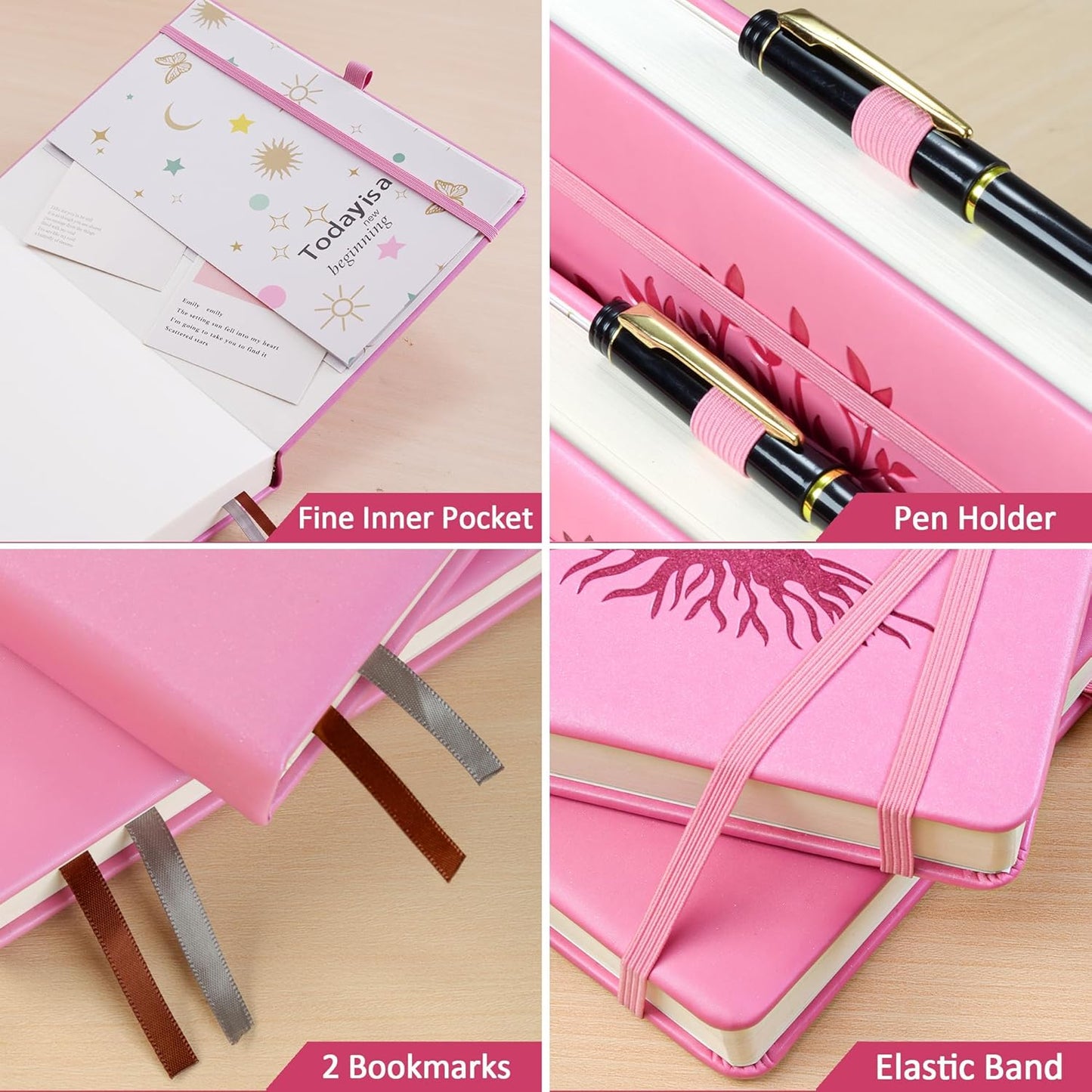 ZXHQ A5 Bullet Dotted Journal Notebook for Women -150gsm Thick Paper, 256 Pages, Dot Grid Hardcover, Tree of Life Design, Fine Inner Pocket - 5.9" × 8.5" Pink