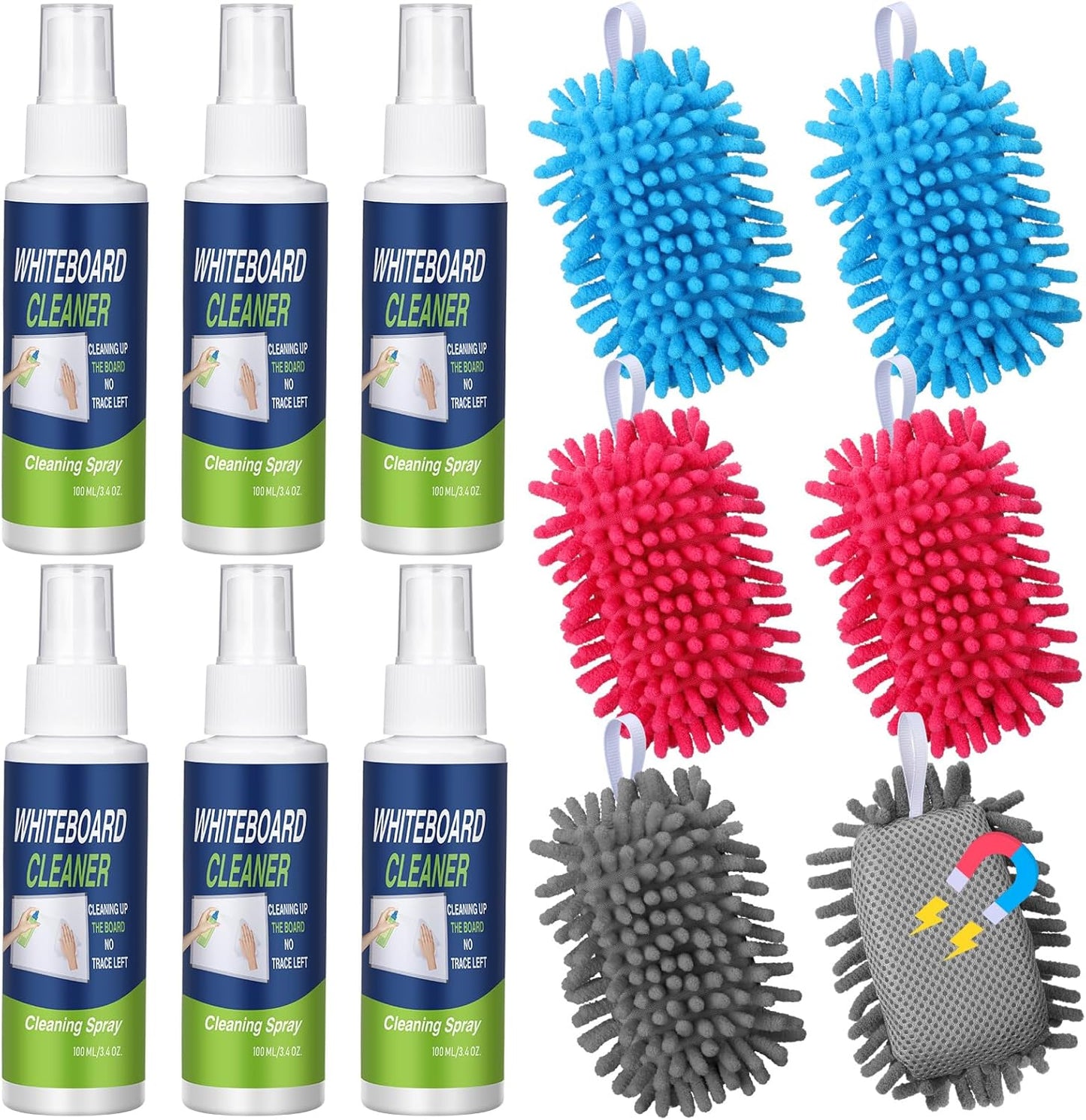 6 Pack Whiteboard Cleaner 3.4 Fl oz White Board Cleaning Spray Dry Erase Board Cleaner with Microfiber Shag Whiteboard Eraser Removes Stubborn Marks from Chalkboard(Magnetic)