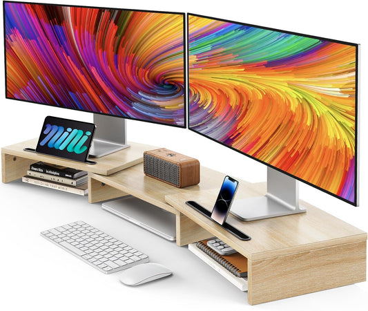 AMERIERGO Dual Monitor Stand Riser- 3 Shelf Screen Stand with Adjustable Length and Angle, 2 Extra Functional Slot Desktop Organizer Stand for PC, Computer, Laptop (Light Wood)
