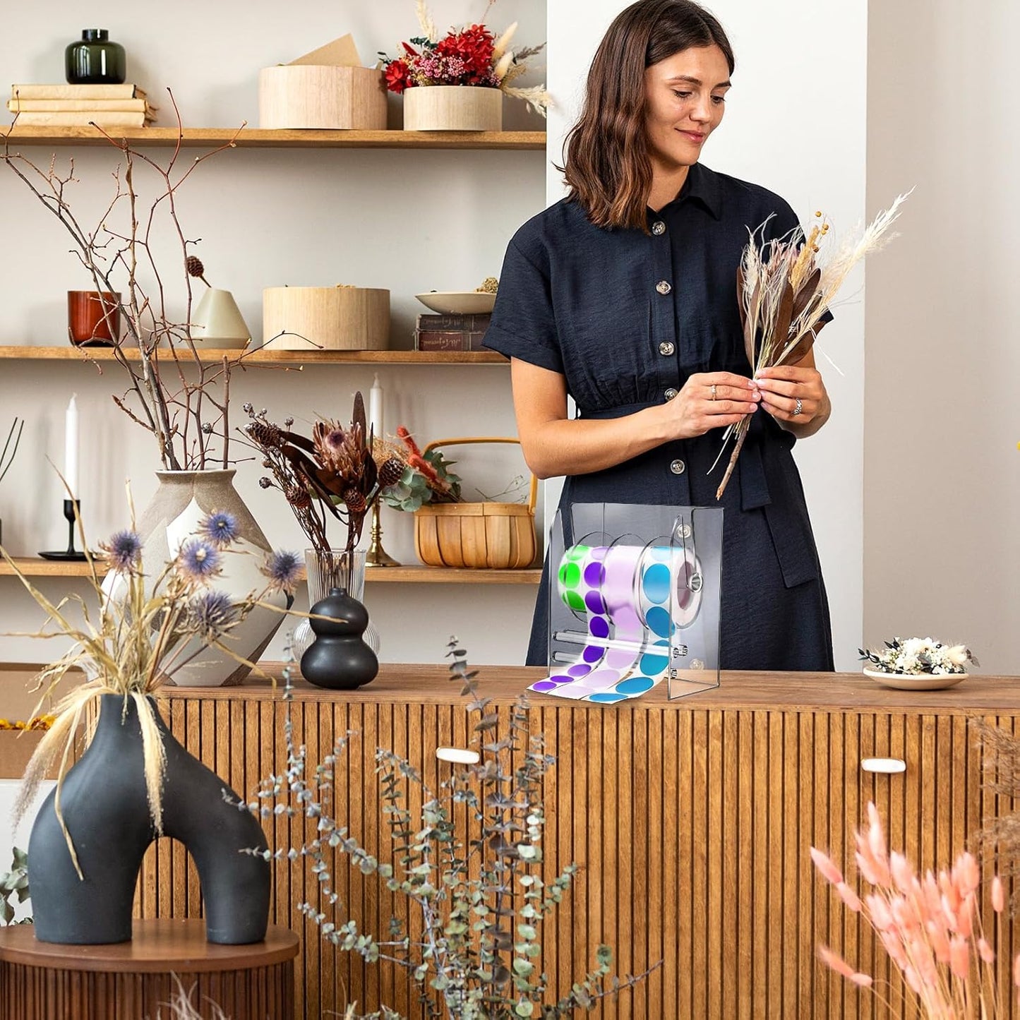 Adjustable Label Dispenser, 4 Disks Acrylic Sticker Dispenser Sticker Roll Holder Clear Label Roll Holder Organizer Label Holder for Holding Office and Home