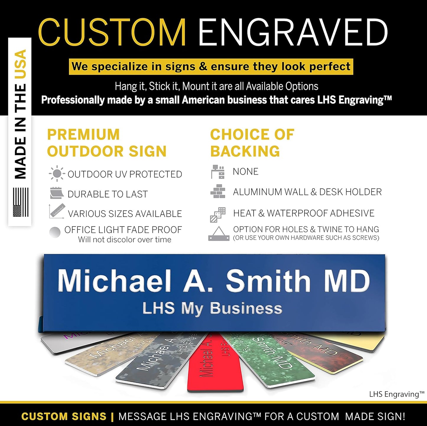 Engraved Name Plates for Door Sign Personalized Blue Plastic Plaque with White Letters - Made in USA 2x8 B9