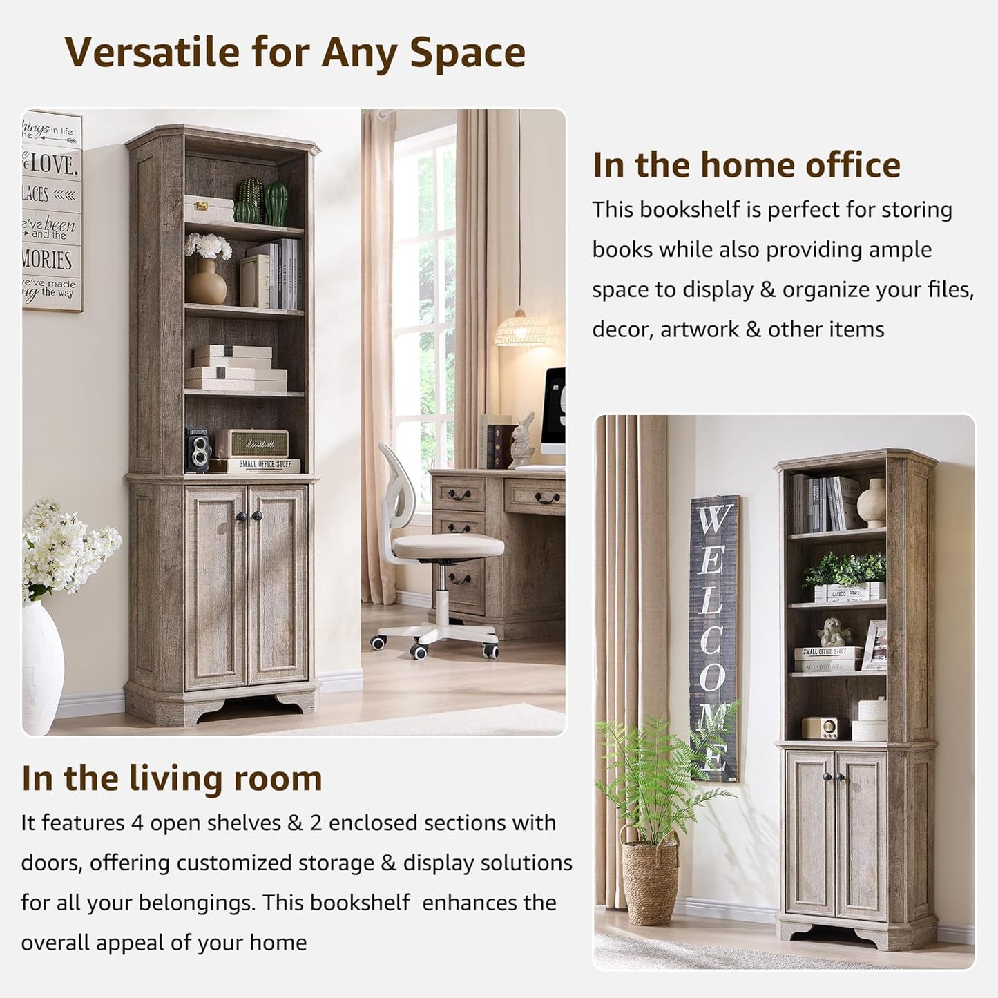 T4TREAM 6-Tier Bookshelf with Storage, 72" Tall Farmhouse Bookcase with Doors and Adjustable Shelves, Wooden Floor Standing Display Book Shelf Organizer for Home Office, Light Rustic Oak