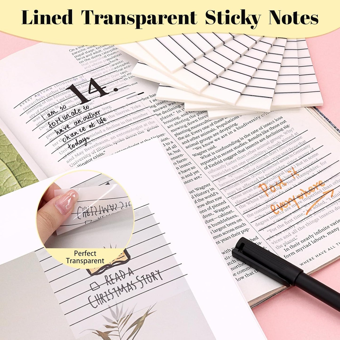 3x3 Inch Transparent Sticky Notes 300 Sheets, Clear Translucent Lined Self-Adhesive Memo Repositionable Reminder Pad for Office, College Students, Planners, Journals, School Supplies (White)