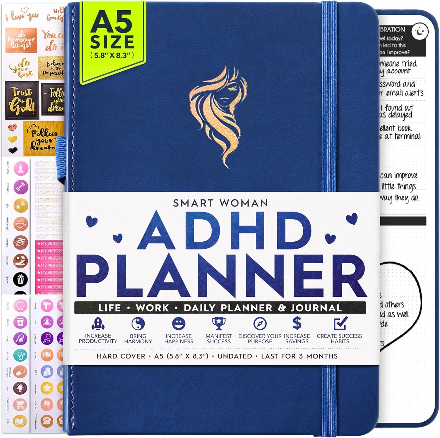 Adhd Daily Planner - A Self Care Personal Gratitude Journal to Increase Productivity and Success in Life & Work, Weekly & Monthly Undated Planner for Women and Men, Vision Board & Organizer + Stickers