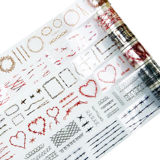 6 Rolls Thorn Vine PET Tapes Set, Holographic Pre-Cut Stickers for Journaling, Scrapbooking, and DIY Crafts, with Decorative Clip