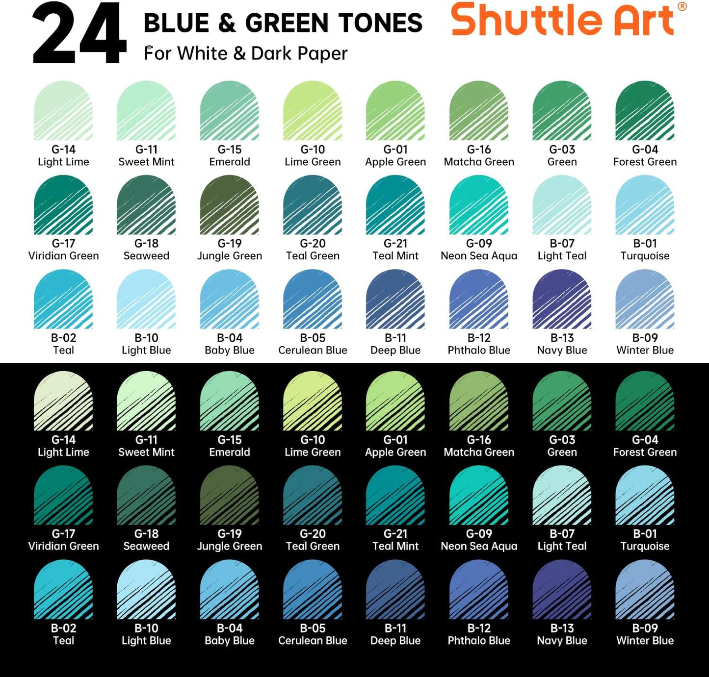 Shuttle Art Colored Pens, 24 Blue & Green Tone Colors Cute Journal Pens 0.6mm Fine Point Colored Gel Pens for Black Paper Adult Coloring Writing Drawing Journaling Note Taking School Office Home