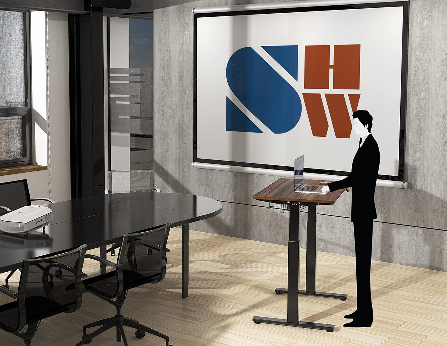 SHW 40-Inch Electric Height Adjustable Standing Desk with Drawer, Memory Preset and Cable Management Tray, Walnut