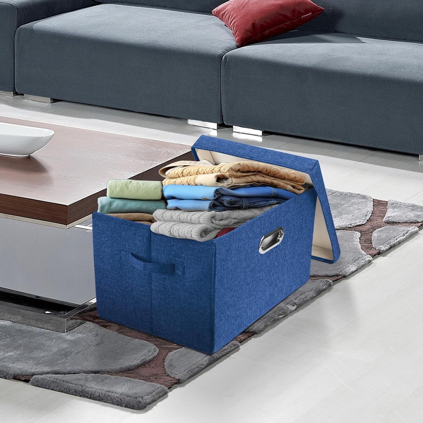 TYEERS Large Storage Bins with Lids, Collapsible, Washable, Fabric Storage Boxes for Organizing, 17.3x11.8x11.4 inches, 5 Pack, Classic Blue