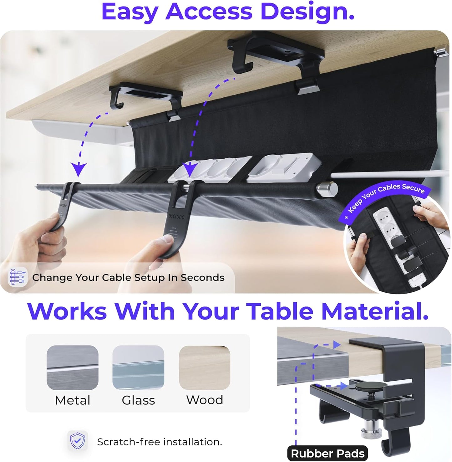 Original No Drill Under Desk Cable Management Tray 53.9" - Premium Black Fabric Cable Management Under Desk - Clamp/Screw Mount Cord Organizer - Supports Upto 66lbs - Extra Large
