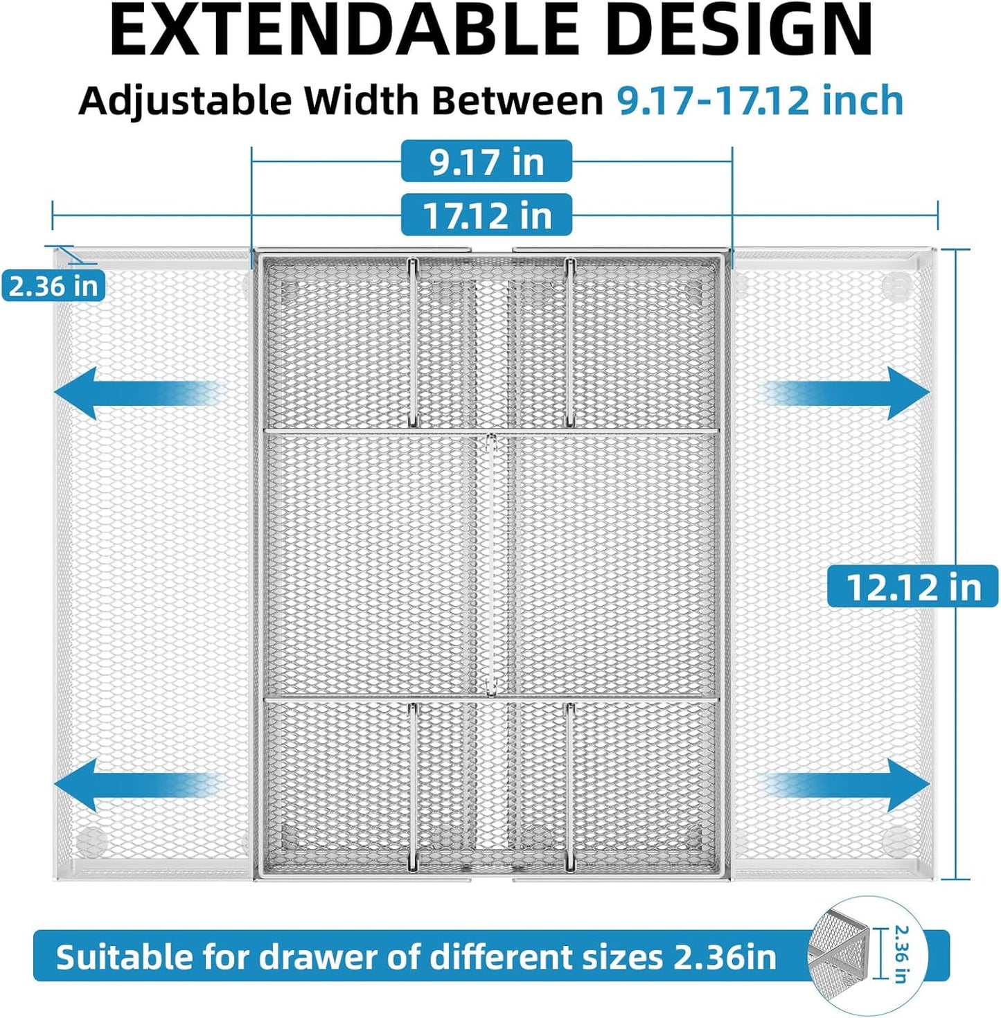 Marbrasse Expandable Desk Drawer Organizer, Mesh Tray with 10 Adjustable Compartments, Desk Organizers for Office Supplies, Makeup & Vanity (Expandable-Silver)