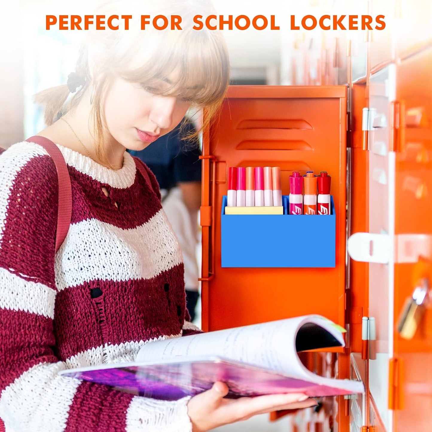 BEYGORM Magnetic Dry Erase Marker Holder for Whiteboard,Non-slip Acrylic Magnet Pen Holder for Fridge Refrigerator,Locker Organizer for Work,Locker Accessories,Pencil Cup for Desk(Blue)