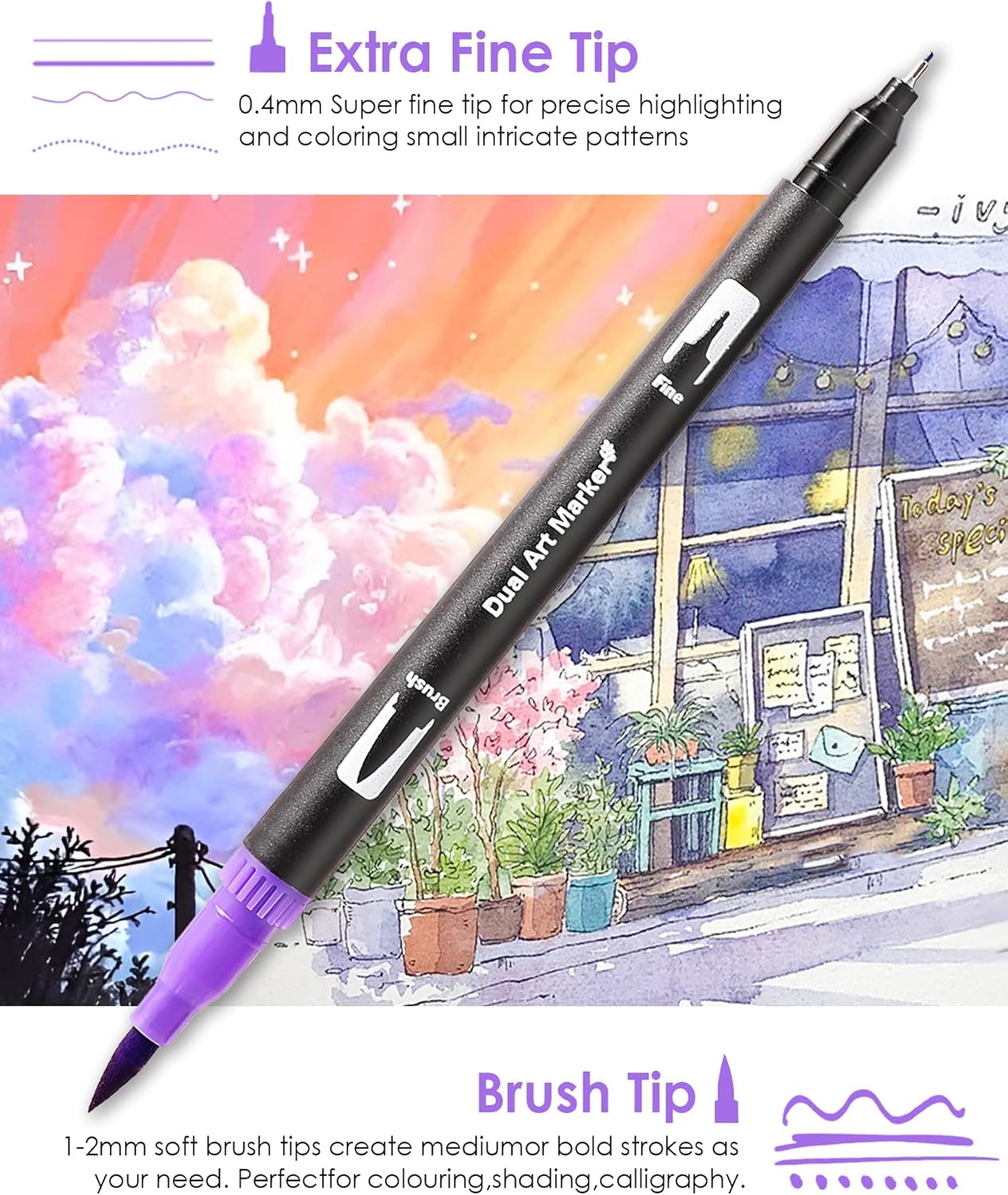 Double Brush Marker Pens, 72 Colors Art Markers Set with Fine Tip and Brush Tip for Kids Adult Coloring Book Hand Lettering Calligraphy Drawing Art Supplies Kit