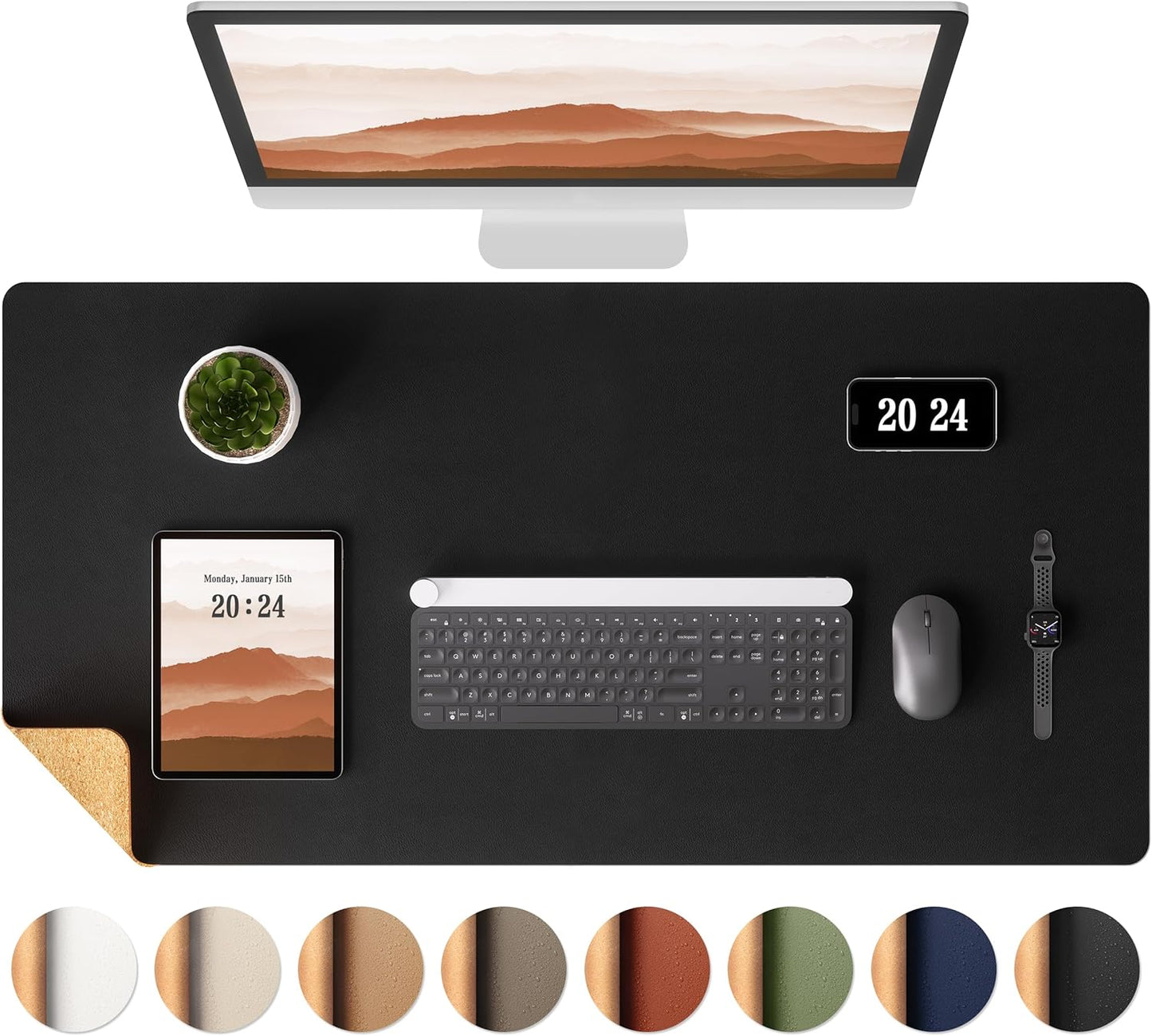Aothia Dual-Sided Desk Pad - 35.4 x 15.7 inches Leather Desk Mat, Natural Cork Desk Pad Protector, Large Mouse Pad for Desk, Waterproof Desk Blotter Pad, Desk Writing Pad for Office Work/Home, Black