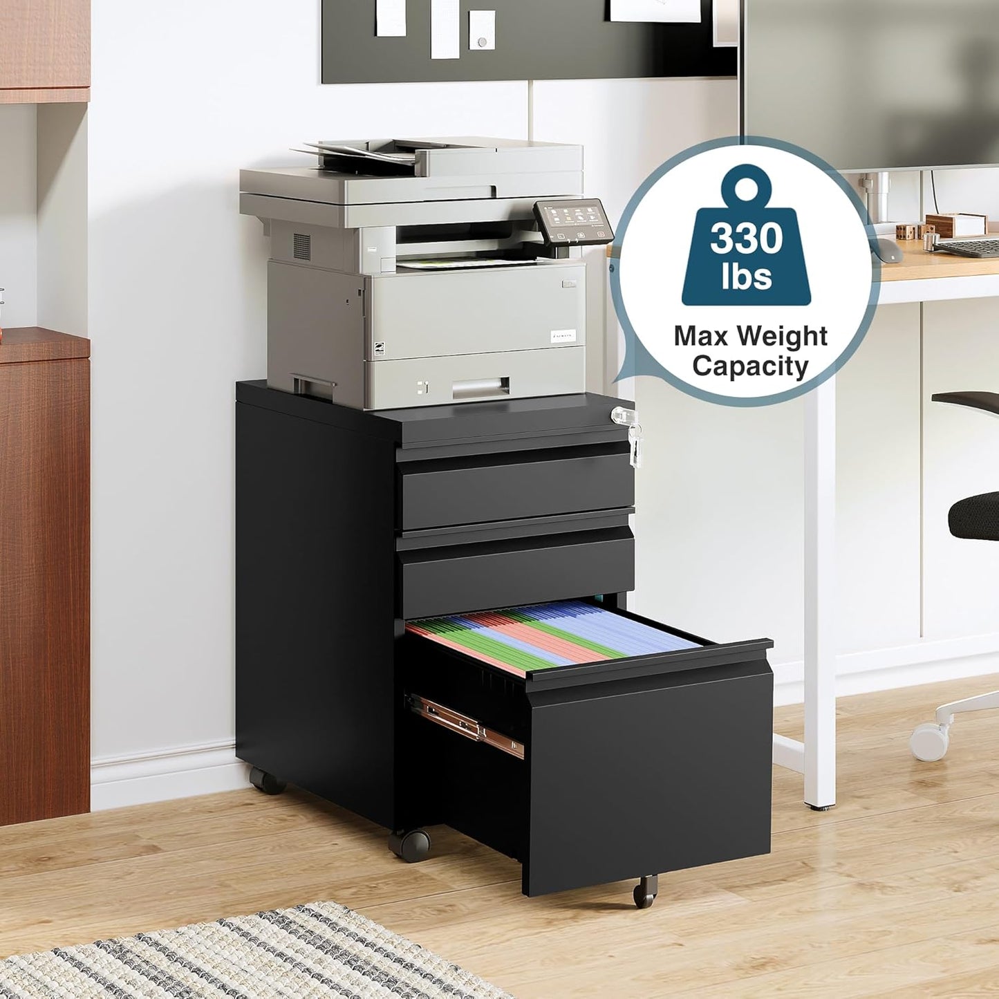 MIIIKO 3 Drawer File Cabinet on Wheels, Home Office Mobile File Cabinet Under Desk, Full Assembled Metal Filing Cabinets with Lock for Legal/Letter/A4 File Folders