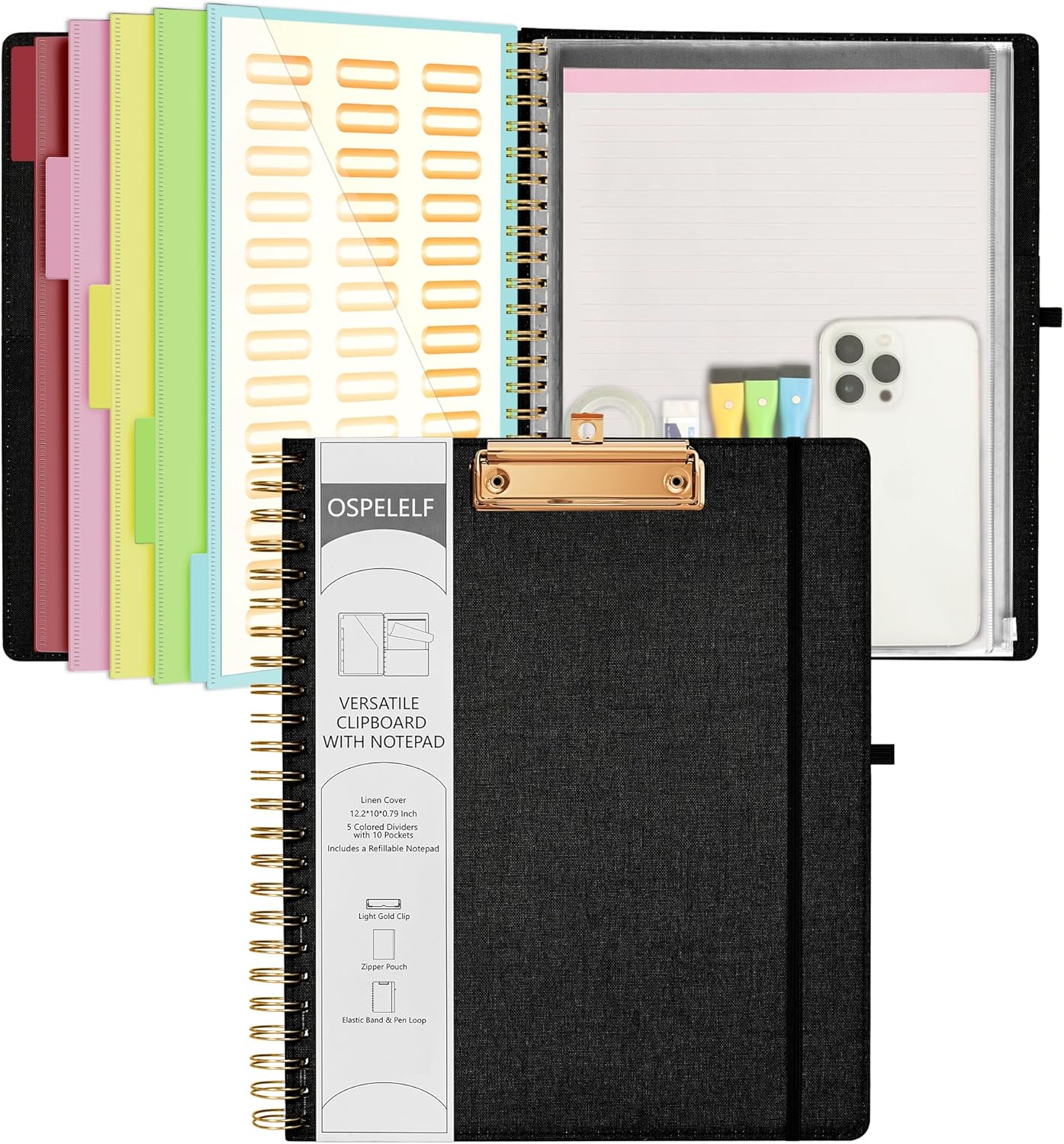 Ospelelf Black Foldable Spiral Clipboard Folio with Storage Zipper Pouch, 5 Plastic Folders with 10 Pockets,Refillable Lined Notepad (11" x 8.5"), Hardcover Project Organizer with 39 Stickers