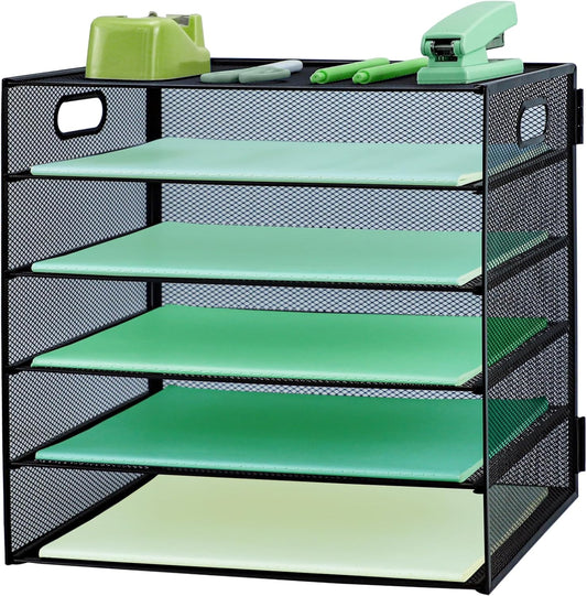 Paper Letter Tray with Handle, 5 Tier Metal Mesh Desk File Organizer, A4 Paper Desktop Filing Trays, Desk Tidy Magazine Document Holder for Home Office, Black