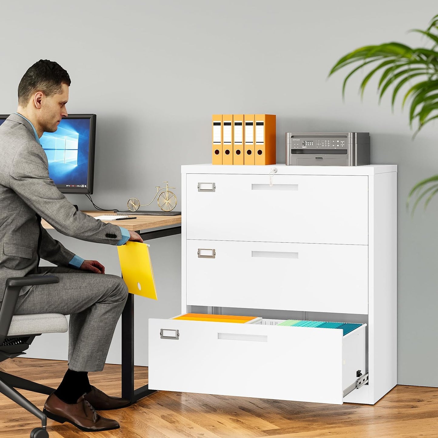 SISESOL 3 Drawer Lateral File Cabinet with Lock,White Lateral Filing Cabinet,Horizontal Metal Filing Cabinet,Locked Wide Three Drawer File Cabinet for Office Home,Fit A4/F4/Letter/Legal File