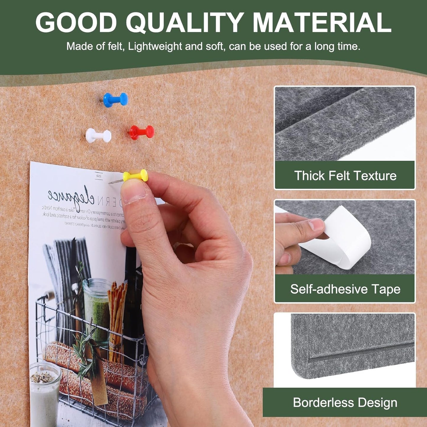 YOKIVE Felt Bulletin Board, 31.5 x 24 -Inch Foldable Decorative Pin Board Self Adhesive Felt Cork Board with 20 Pushpins, Great for Wall, Photo Display, Paste Note, Schedule(Gray)