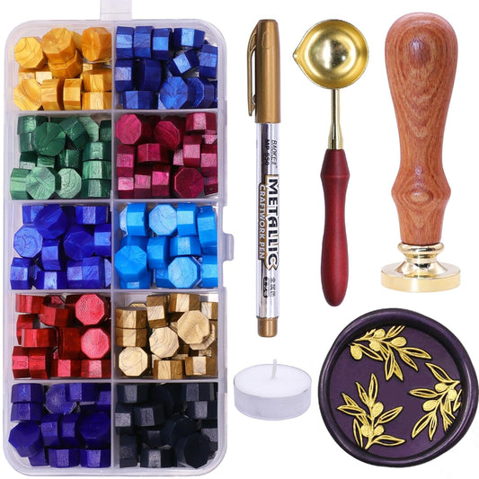 SWANGSA Olive Branches Wax Seal Stamp Kit with 200pcs Sealing Wax Beads, Great for Embellishment of Invitations, Wine Packages, Gift Ideas