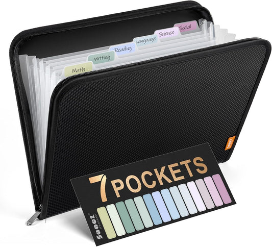 Sooez 7 Pockets Accordion File Organizer, Zipper Expanding File Folder, Heavy Duty Folder Organizer, Sleek Letter Size Accordion Folder, Portable Expandable File Folder, 14 x 11.2 Inch, Black