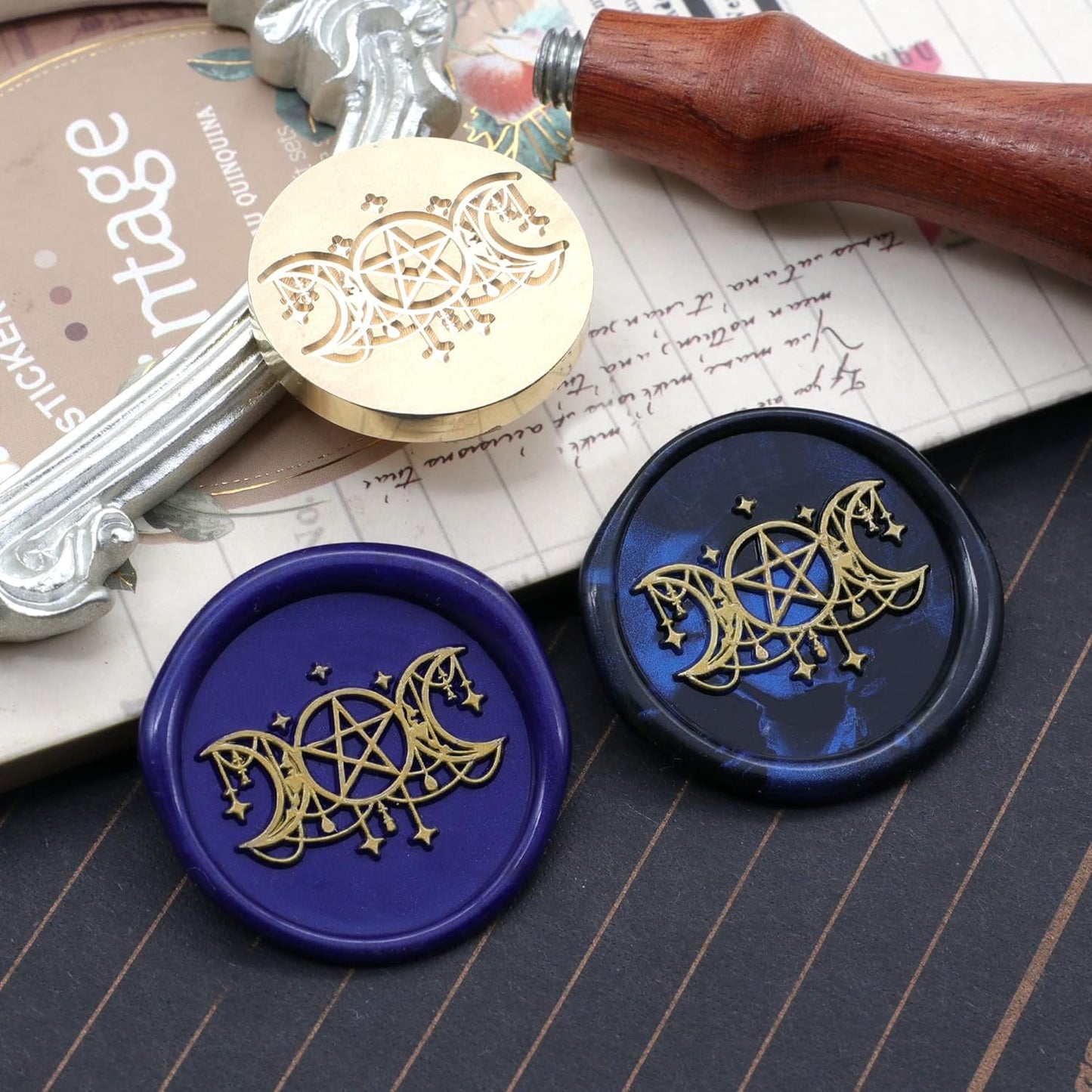 SWANGSA Triple Moon Goddess Wax Seal Stamp, 30mm Vintage Brass Head Sealing Stamp for Halloween, Christmas, Invitations, Wine Packages, Gift Idea