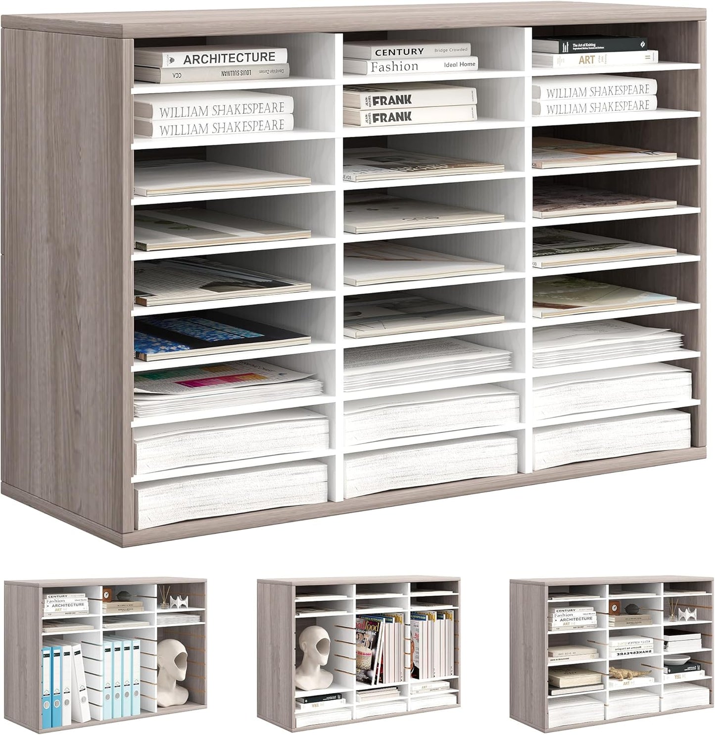 Mail Organizer Countertop, 27 Slots Wooden Desk File Literature Sorter, Adjustable Paper Storage Shelves Document Holder, Space Saving Desktop Mailbox for Office Classroom, Retro Grey/White