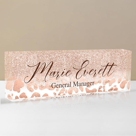 Personalized Name Plate for Desks, Custom Desk Name Plates, Acrylic Name Plate Office Desk Accessories, Personalized Office Gifts for Coworkers Teachers, Employee Appreciation Gifts (B-Leopard Print)