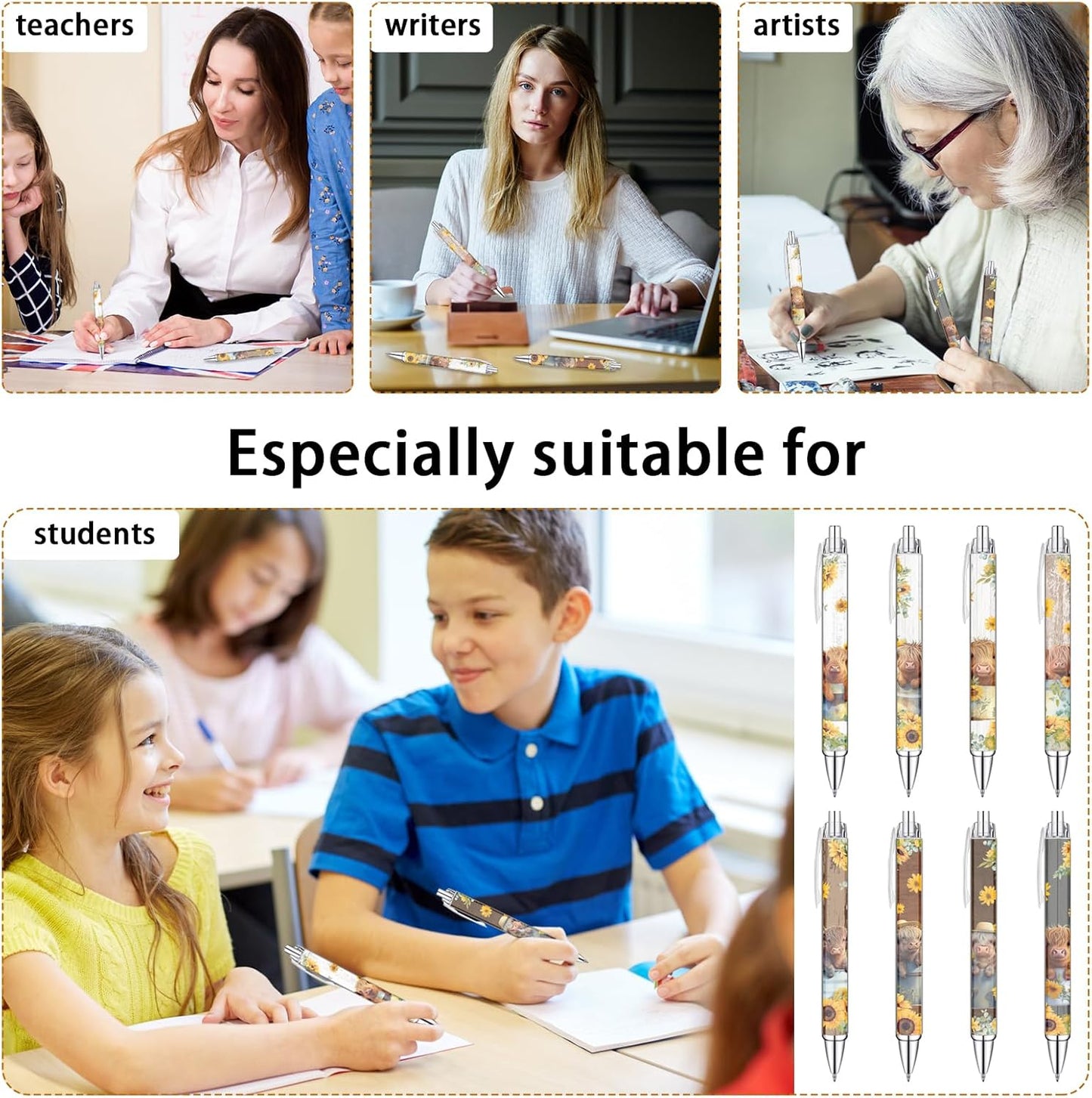 Idealmuzik 8 PCS Cute Highland Cow Print Pens, Cow Lovers Gifts, School Office Supplies, Gifts for Women Girls Teen Christmas New Year