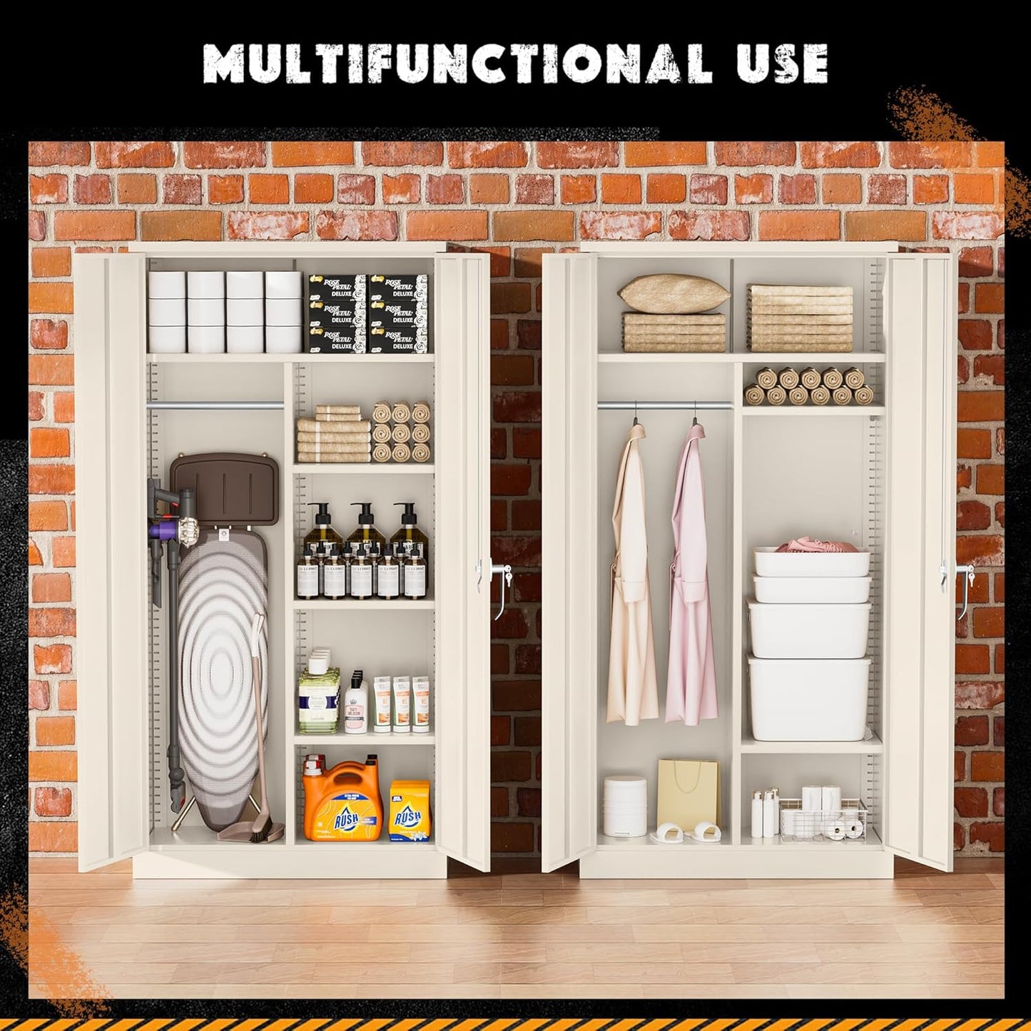 Greenvelly Metal Storage Cabinet with 2 Doors, Grey 72” Steel Storage Wardrobe Cabinet, Employees Locker Closet Clothing Coat Steel Wardrobe Cabinet with Hanging Rod for Garage, Gym, Home Office