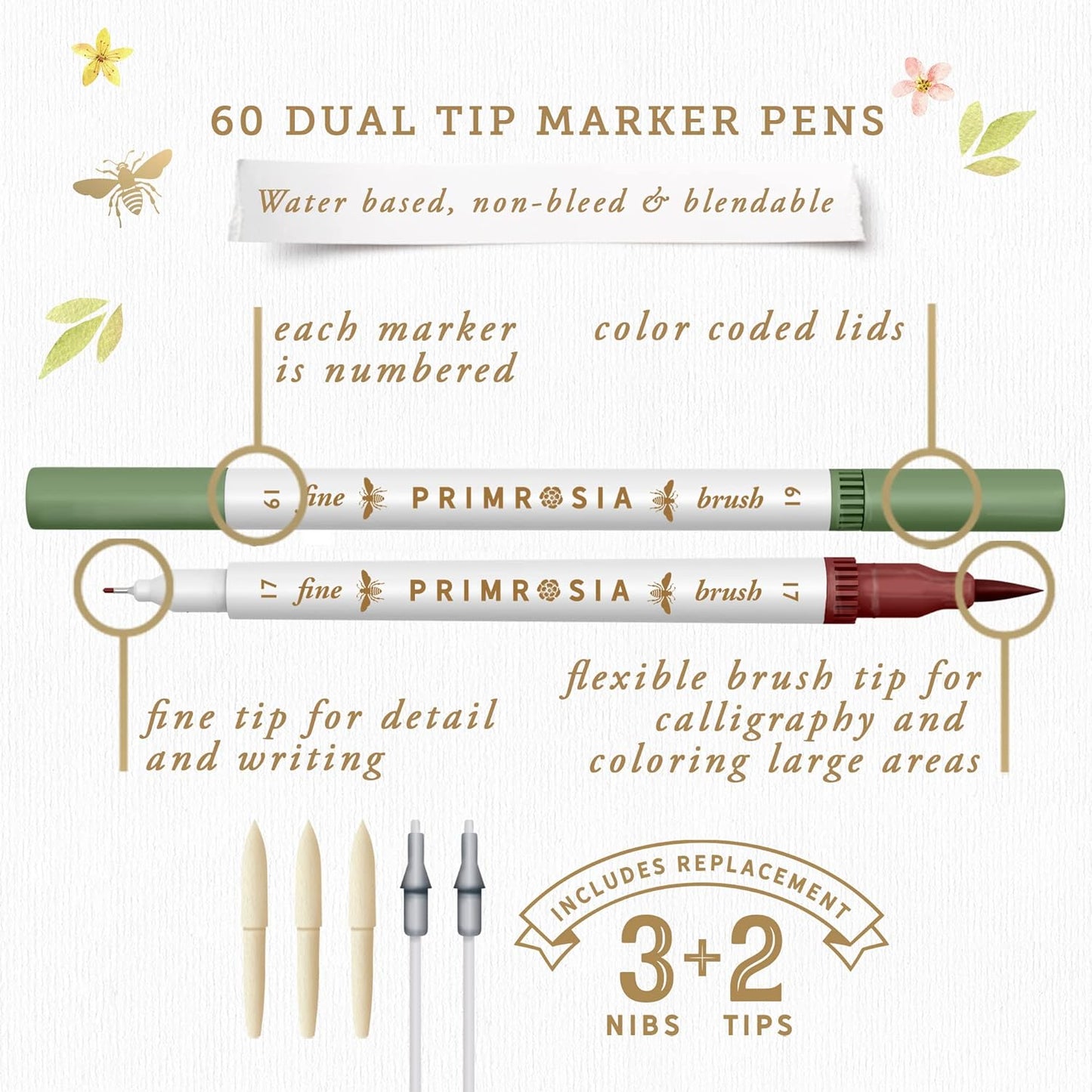Primrosia Dual Tip Marker Pens and Skin Tones sets, Fineliner and Watercolor Brush Pens for Art Sketching Illustration Calligraphy Permanent Highlighter Bullet Journal Drawing Coloring