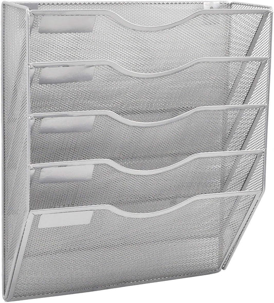 EASEPRES 5 Pocket Mesh Hanging Wall File Organizer, Wall Mounted Mail Paper Document Folder Holder, Clipboard Storage Organization Magazine Rack with Nametag Label for Office Home School, Silver