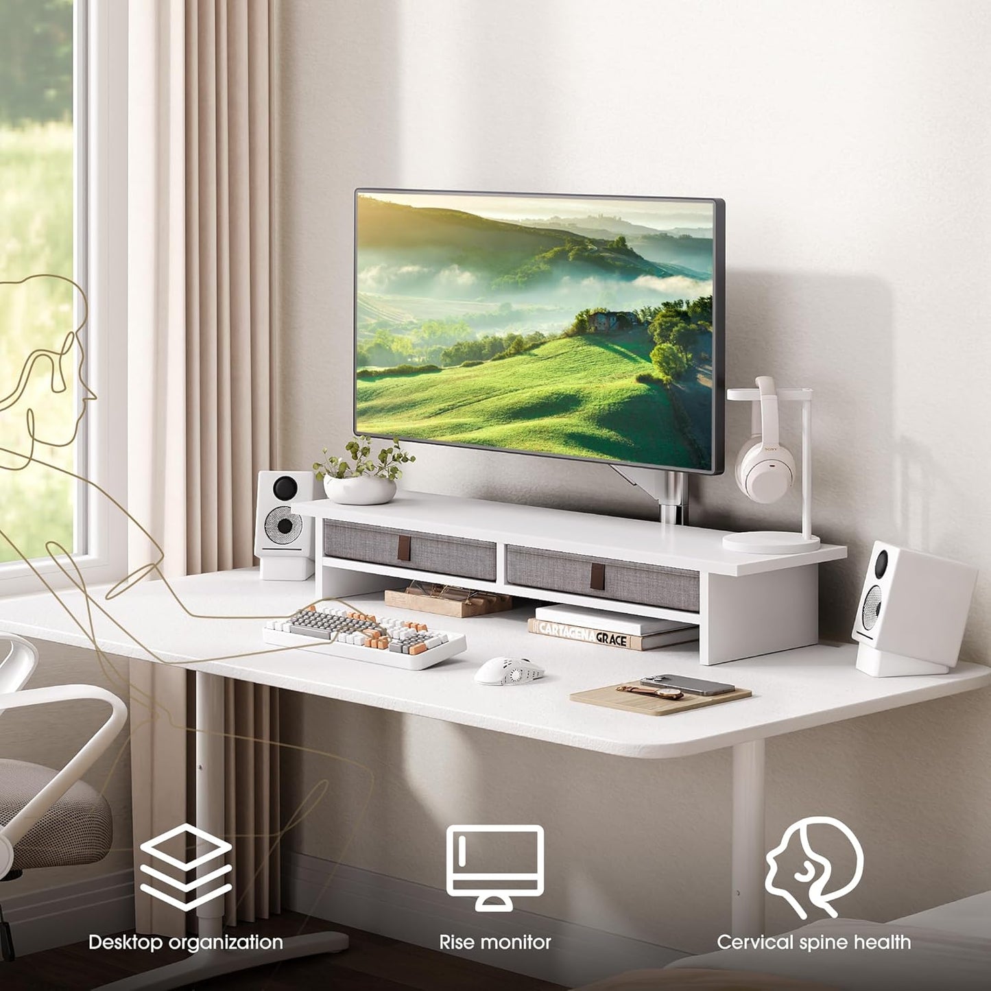 Fenge Monitor Stand with Drawer, 2 Tiers Dual Monitor Riser for Desk, 35 Inch Computer Stand for 2 Monitors, Desk Shelf for Home, Office, Laptop, PC, TV, Printer