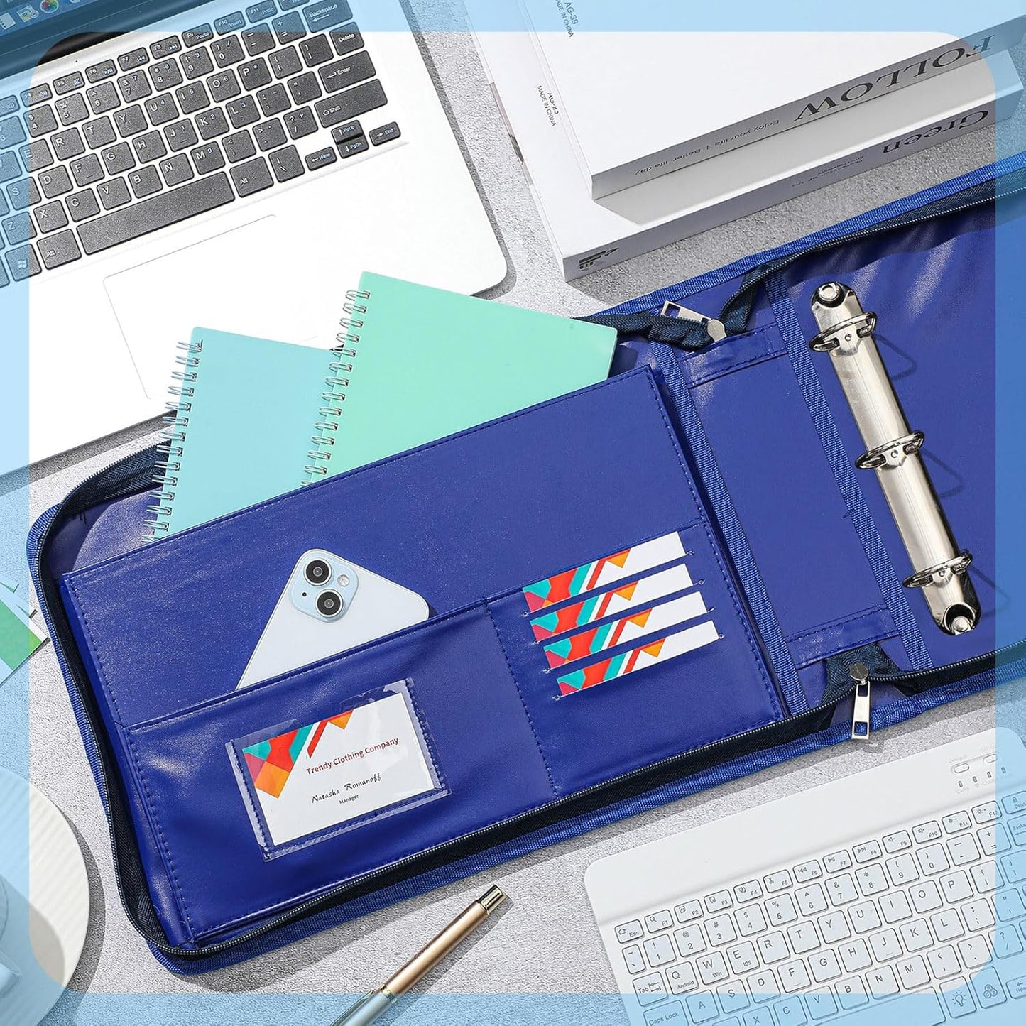 Henoyso 3 Rings Fireproof Business Check Binder with Zipper 1.5 Inch D Rings 3 on a Page Fit 3 & 9 Holes Check 600 Sheets Capacity Organizer Binder for Office Storage End Stub Deskbook (Dark Blue)