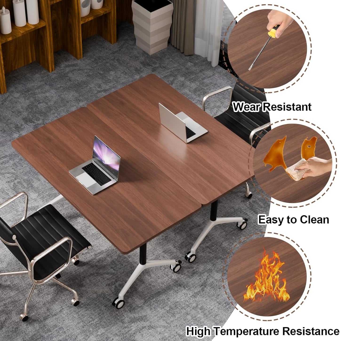 Folding Conference Table, Modern Large Conference Room Tables with Flip-Top Design, Foldable Conference Table Meeting Table with Wheels, Mobile Seminar Training Tables for Office Classroom (2, Brown)