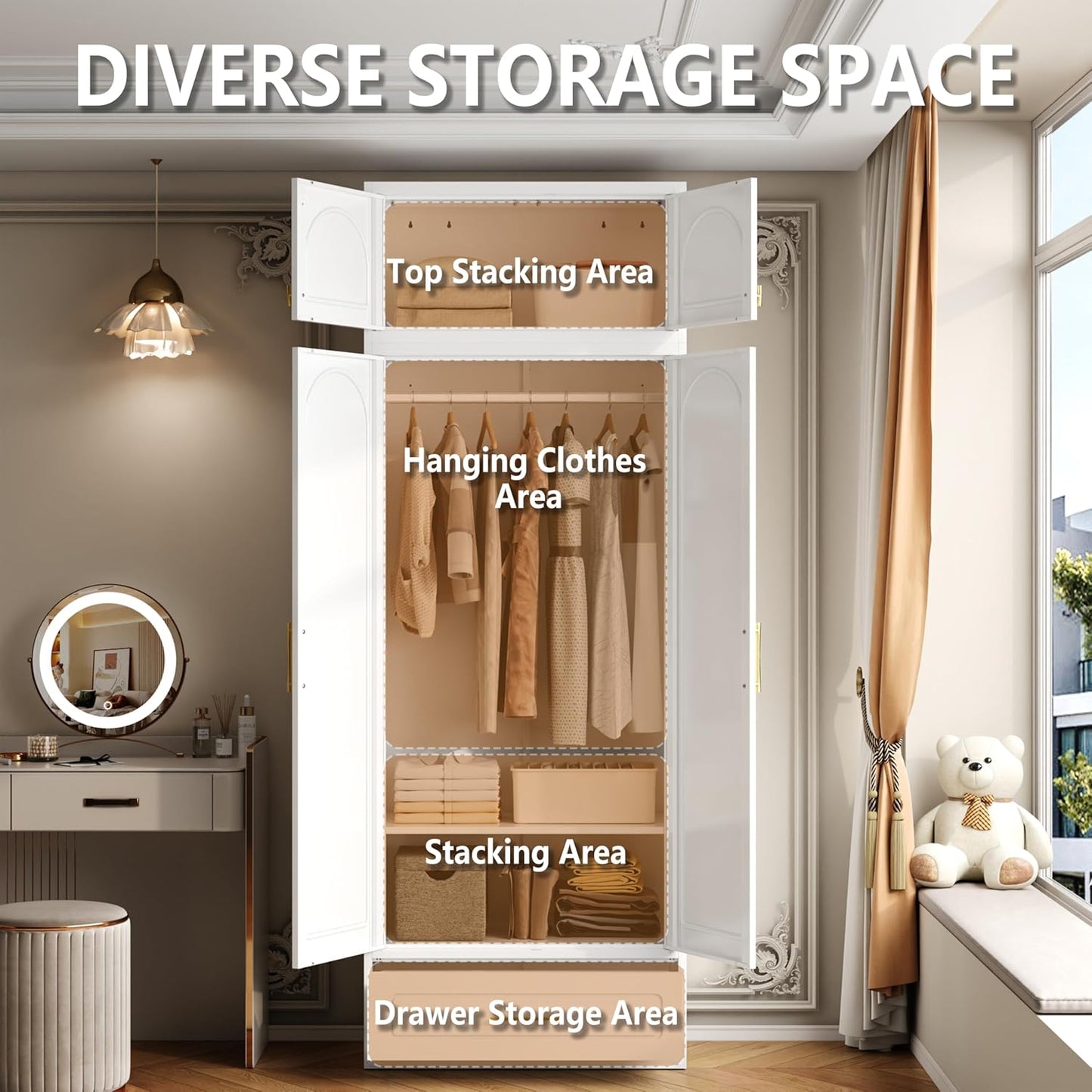 Metal Armoire Wardrobe Closet with Drawer, Freestanding Wardrobe Cabinet with Hanging Rod, Large Clothing Storage Cabinet with Doors for Bedroom, 18" D x 32" W x 86" H, White, Assemble Required