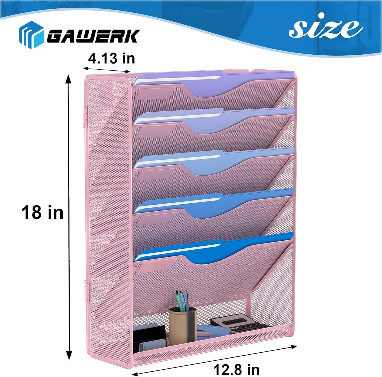 6 Tier Hanging File Organizer, Mesh Wall File Holder Paper Folder Rack with Bottom Flat Tray for Office Home, Pink