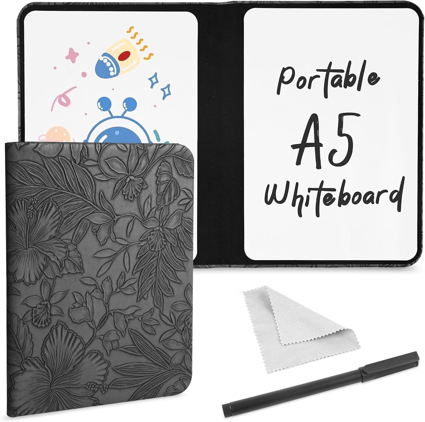 Portable Small White Board Dry Erase Board, Reusable 9.5 * 6.6in Notebook Memo, Office Home Supplies Desk Accessories(1-Carved Black)