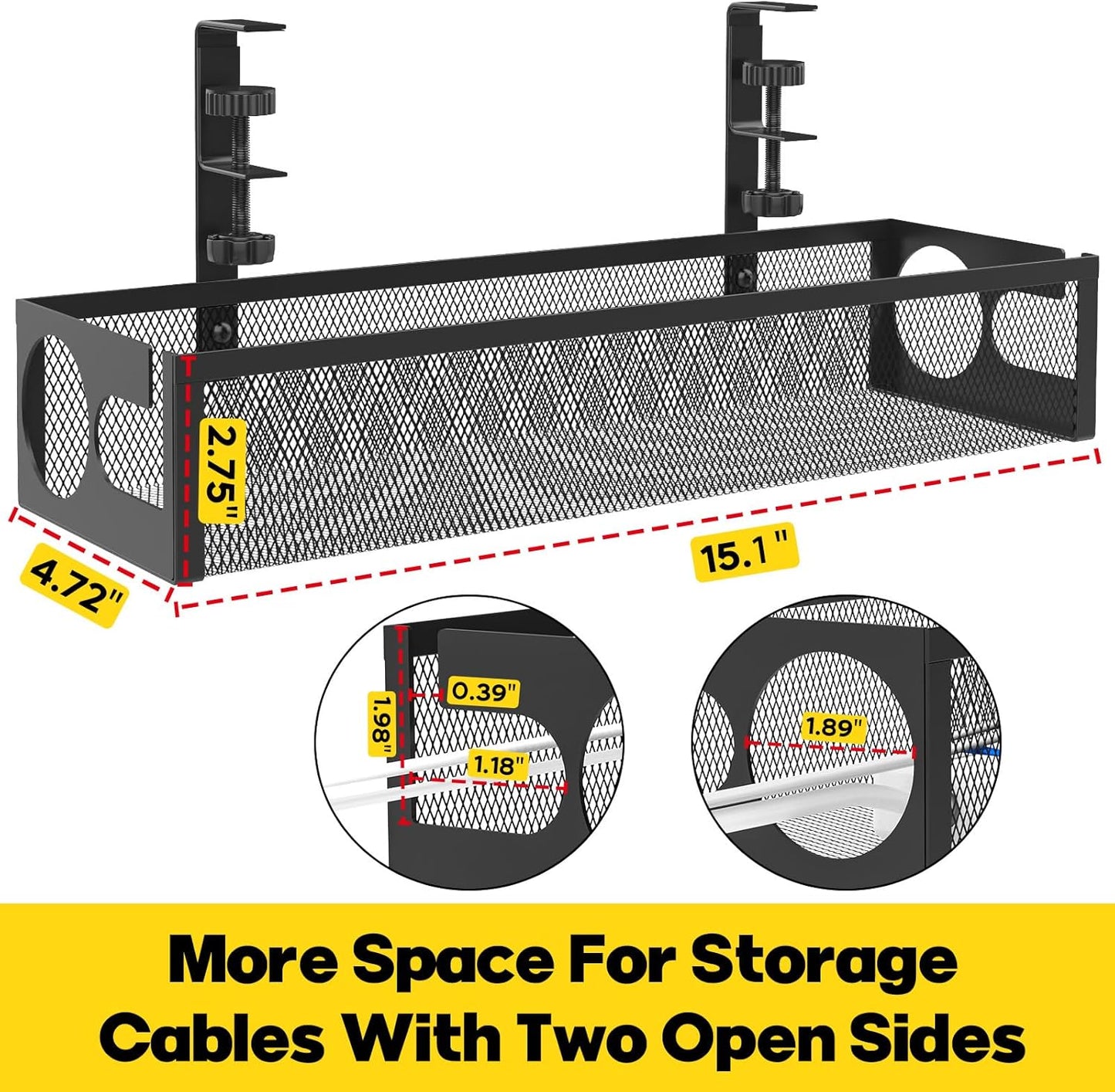 Under Desk Cable Management Tray No Drill 15.1’’, Metal Mesh Cable Management Box with Hybrid Side Slots Cable Raceway,Adjustable Cable Tray with Wire Management for Office Home,1 Pack (Black)