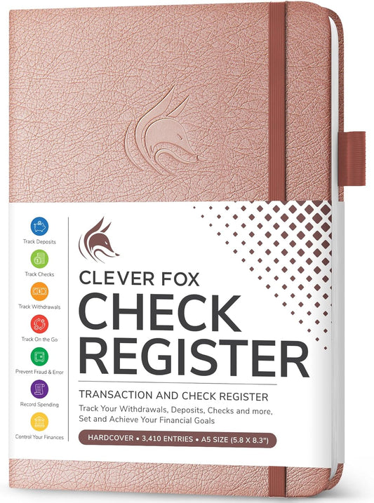 Clever Fox Check Register Book - Deluxe Transaction Register, Accounting Ledger Book, Checkbook Register & Checking Account Register Book for Personal and Work Use, A5 Hardcover - Rose Gold